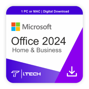 Microsoft Office Home and Business 2024 retail packaging showing the Outlook, Word, Excel, and PowerPoint icons.