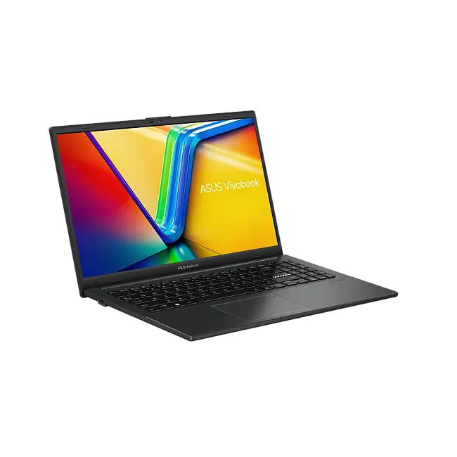 ASUS Vivobook Go 15 E1504GA in Mixed Black, showing the 180° lay-flat hinge and NanoEdge display.