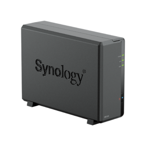 Synology DS124 1-bay NAS in a sleek, vertical black chassis with front-facing LED indicators.